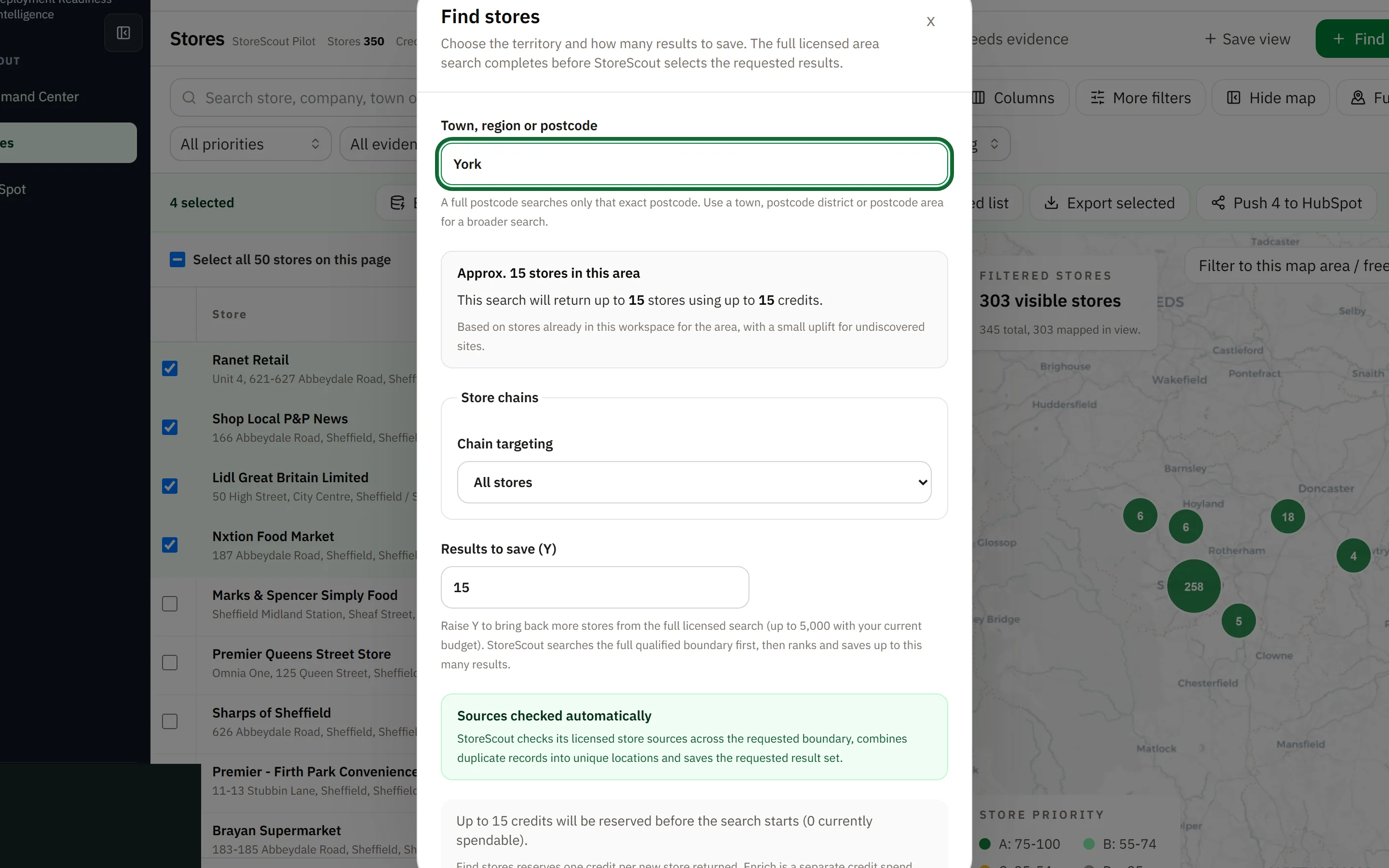 Find stores dialog with area York, approximate store count, results to save, and credit estimate