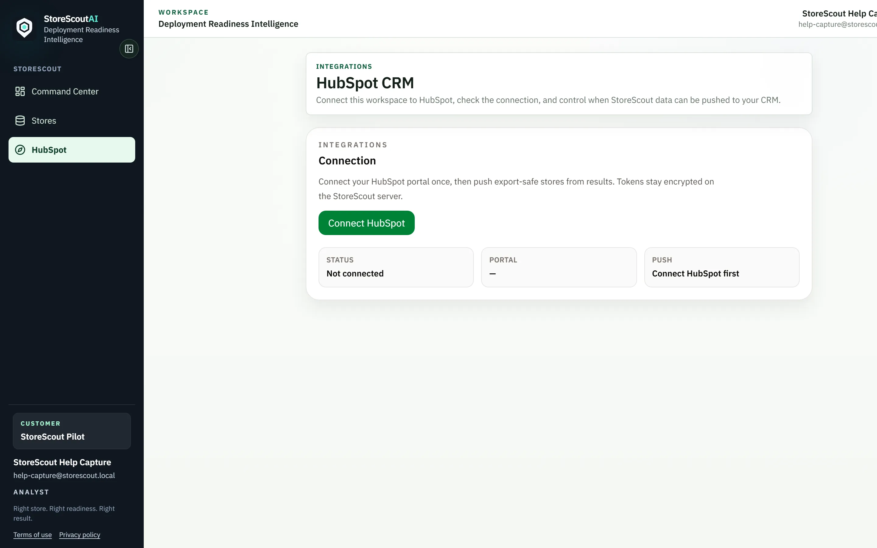 HubSpot CRM integration page with Connect HubSpot button and connection status