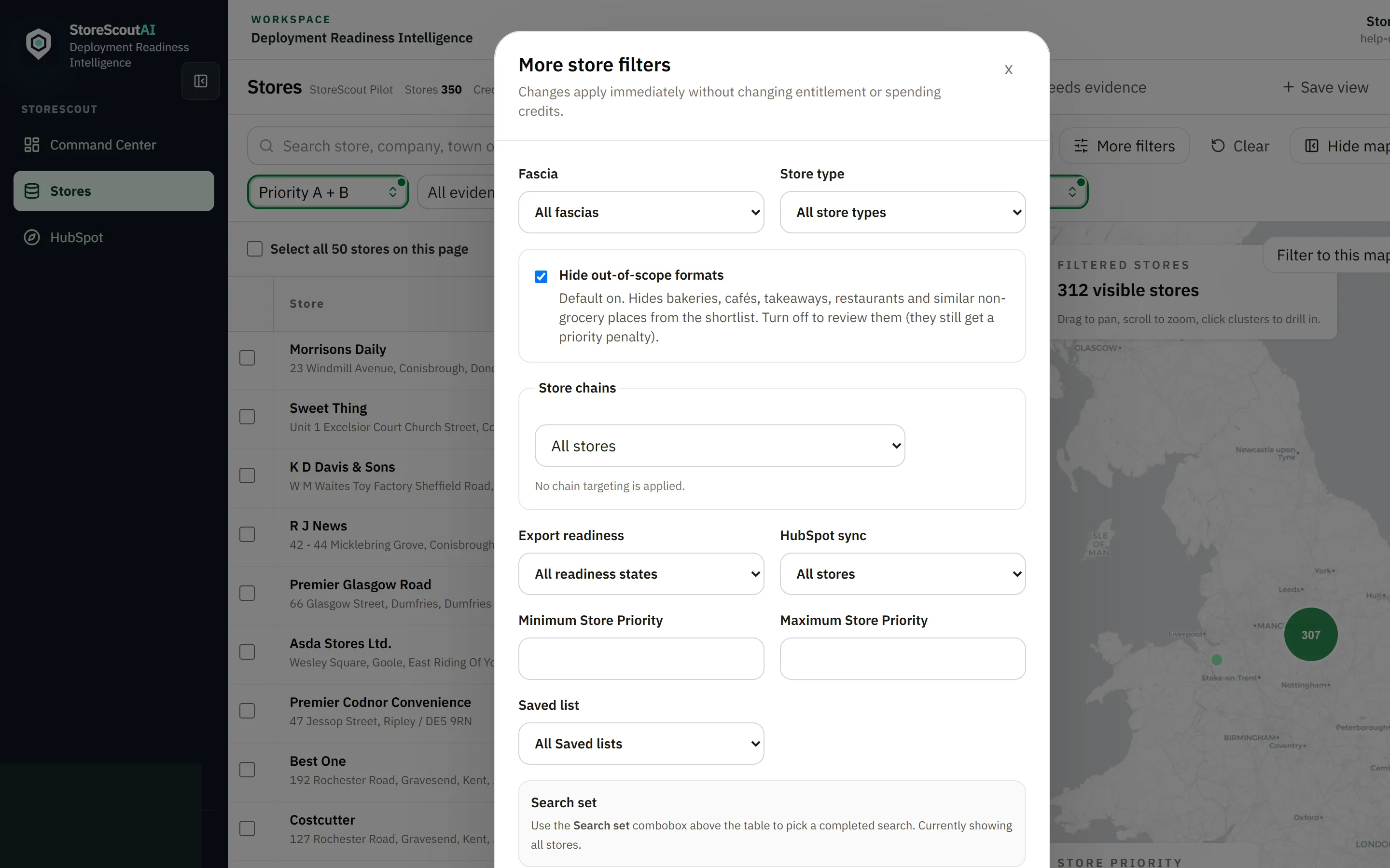 More store filters dialog with fascia, store type, chains, readiness, and saved list controls